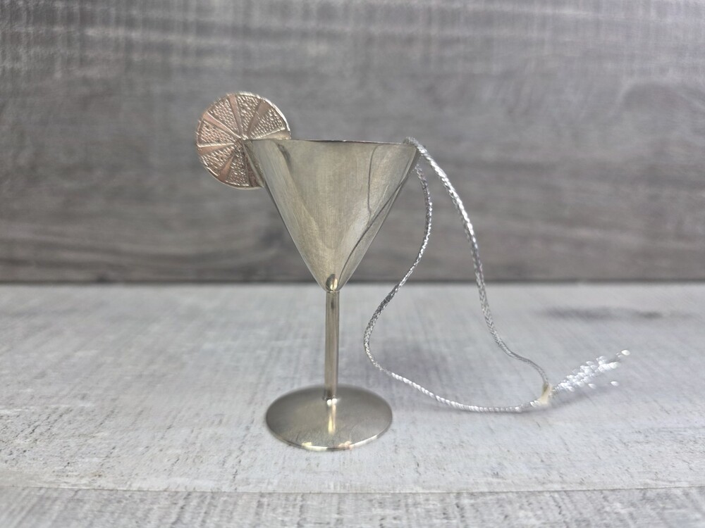 Cocktail Martini Glass Christmas Ornament Holiday Silver Tone Metal 281a